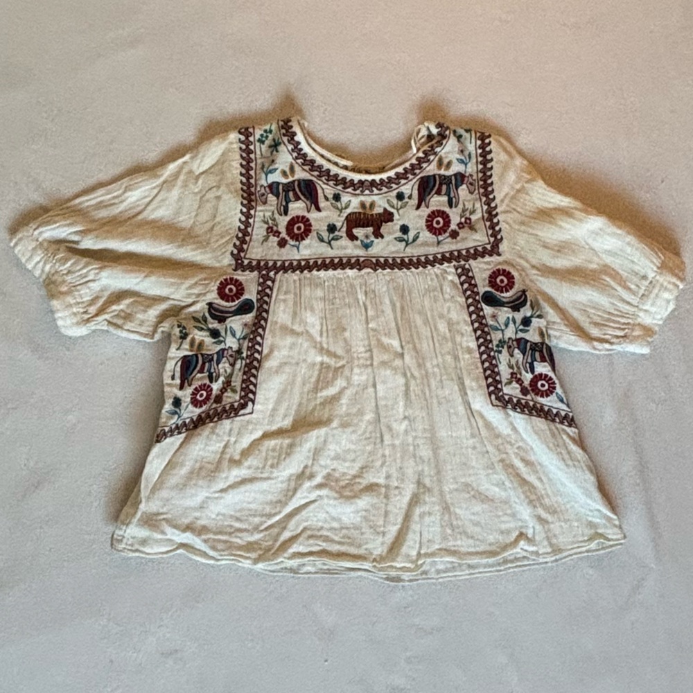 Zara Cream Blouse with Red and Green Embroidery